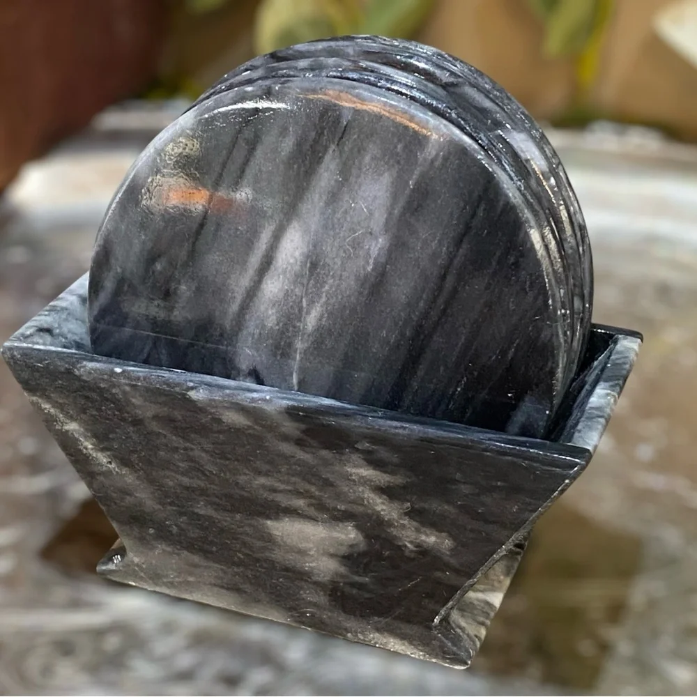 Vintage Set 6 Marble Natural Stone Coasters with Matching Holder Black Gray